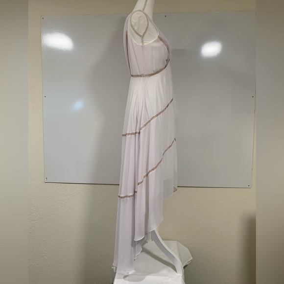 White asymmetrical hemline dress with pleated bodice area and ribbon detail - Picture 3 of 8
